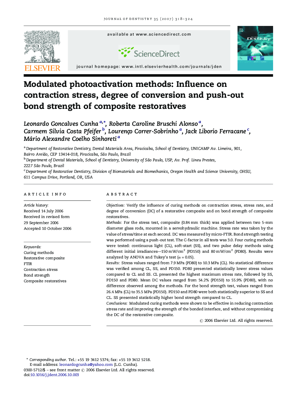 Modulated photoactivation methods: Influence on contraction stress, degree of conversion and push-out bond strength of composite restoratives