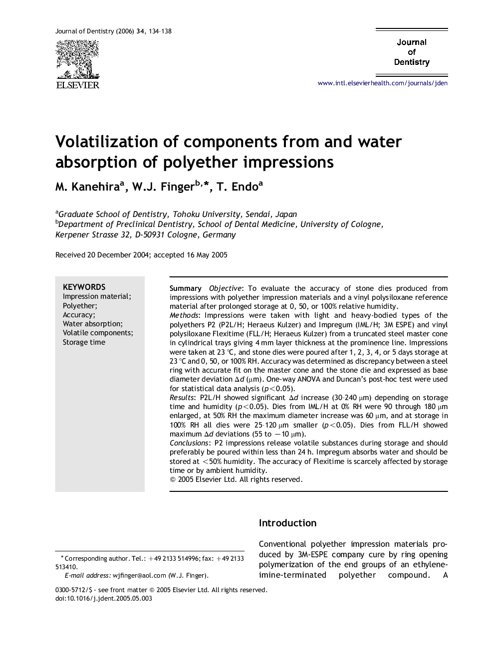 Volatilization of components from and water absorption of polyether impressions