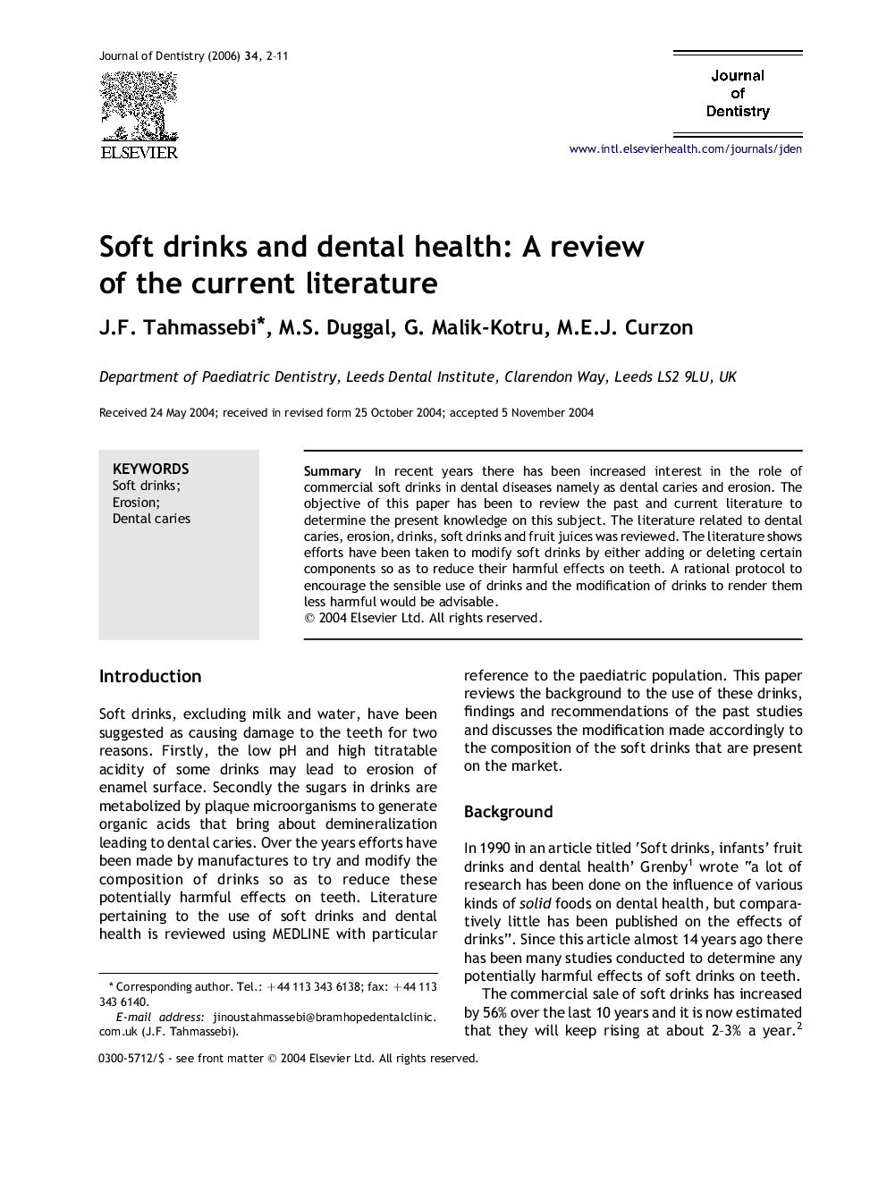 Soft drinks and dental health: A review of the current literature