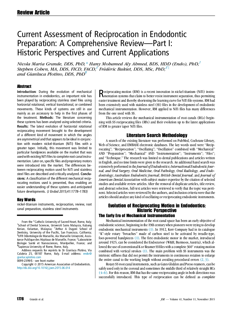 Current Assessment of Reciprocation in Endodontic Preparation: A Comprehensive Review—Part I: Historic Perspectives and Current Applications