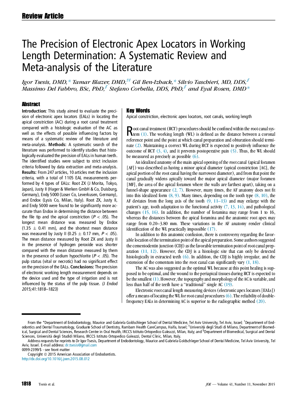 The Precision of Electronic Apex Locators in Working Length Determination: A Systematic Review and Meta-analysis of the Literature