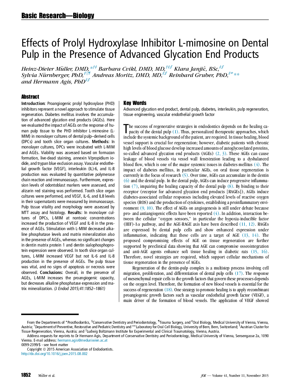 Effects of Prolyl Hydroxylase Inhibitor L-mimosine on Dental Pulp in the Presence of Advanced Glycation End Products