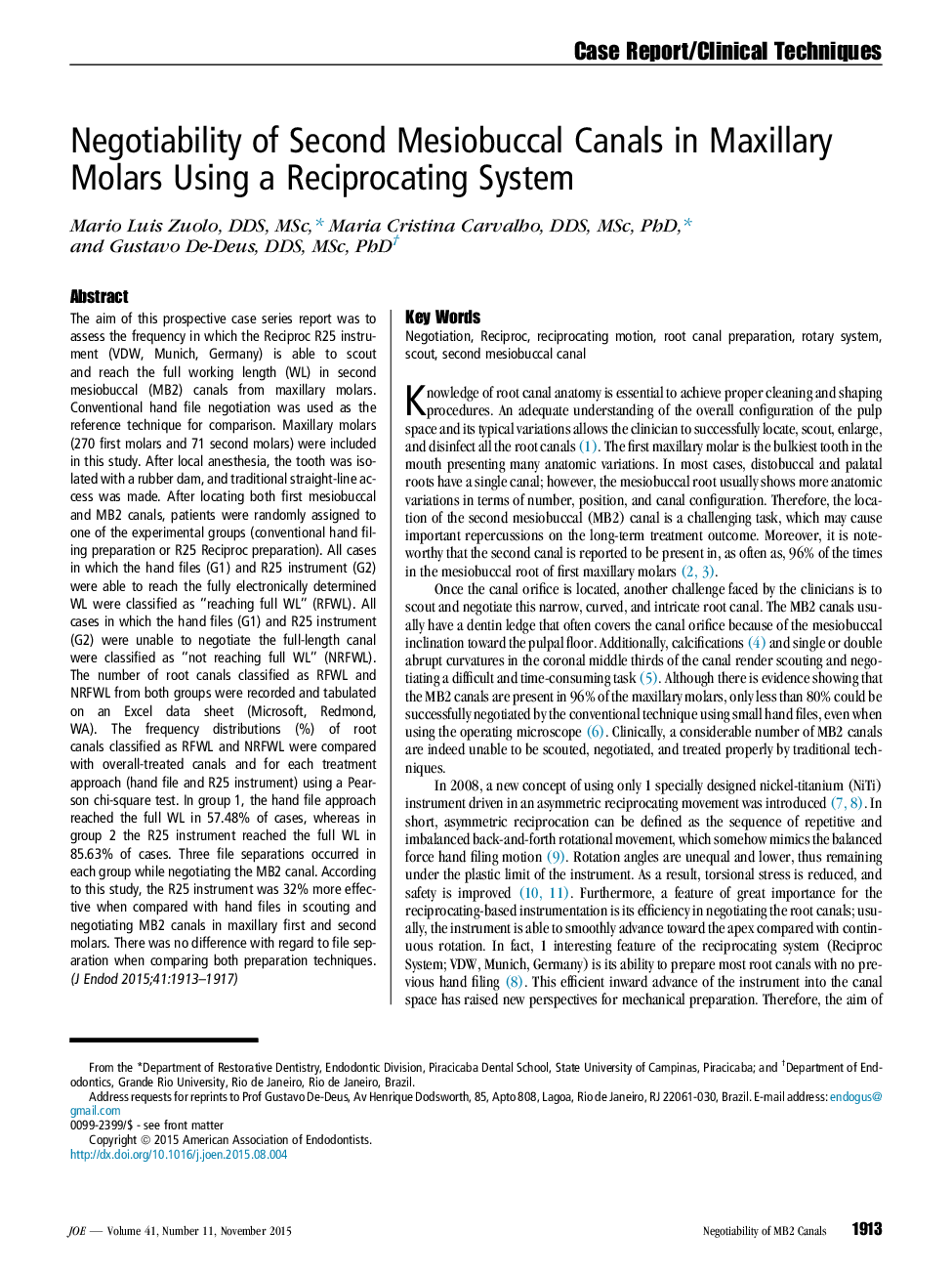 Negotiability of Second Mesiobuccal Canals in Maxillary Molars Using a Reciprocating System