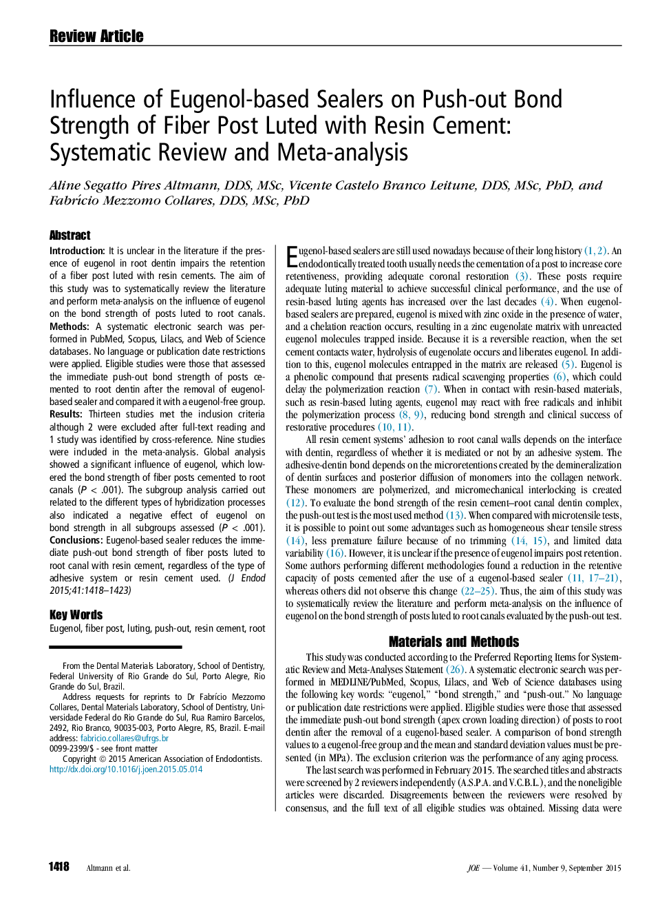 Influence of Eugenol-based Sealers on Push-out Bond Strength of Fiber Post Luted with Resin Cement: Systematic Review and Meta-analysis