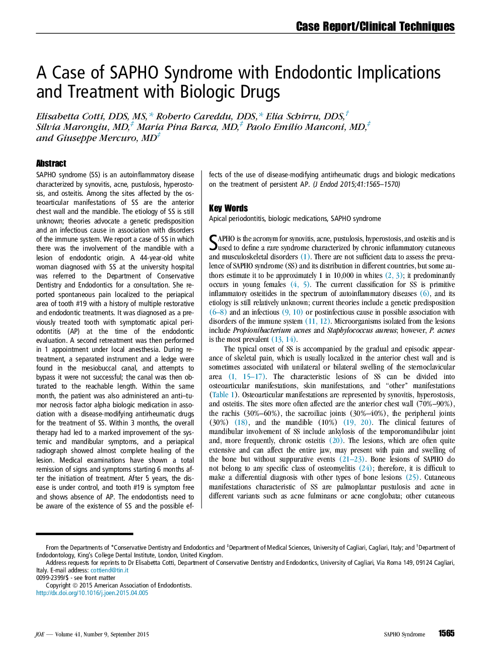 A Case of SAPHO Syndrome with Endodontic Implications and Treatment with Biologic Drugs