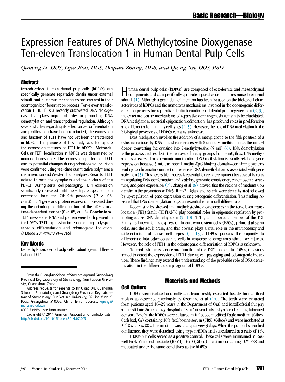 Expression Features of DNA Methylcytosine Dioxygenase Ten-eleven Translocation 1 in Human Dental Pulp Cells