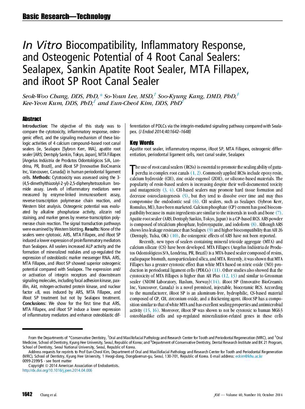 In Vitro Biocompatibility, Inflammatory Response, and Osteogenic Potential of 4 Root Canal Sealers: Sealapex, Sankin Apatite Root Sealer, MTA Fillapex, and iRoot SP Root Canal Sealer