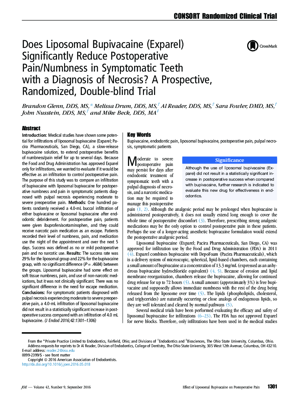 Does Liposomal Bupivacaine (Exparel) Significantly Reduce Postoperative Pain/Numbness in Symptomatic Teeth with a Diagnosis of Necrosis? A Prospective, Randomized, Double-blind Trial