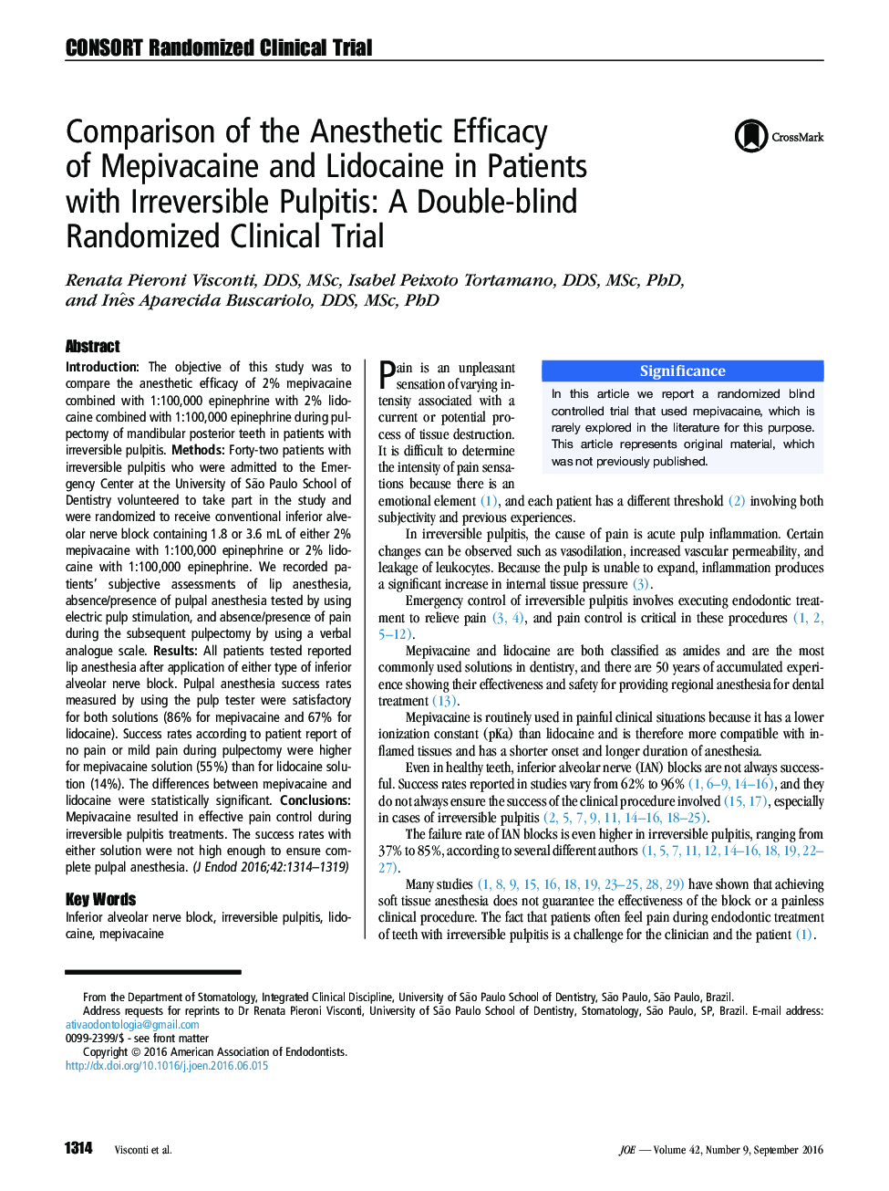 Comparison of the Anesthetic Efficacy of Mepivacaine and Lidocaine in Patients with Irreversible Pulpitis: A Double-blind Randomized Clinical Trial