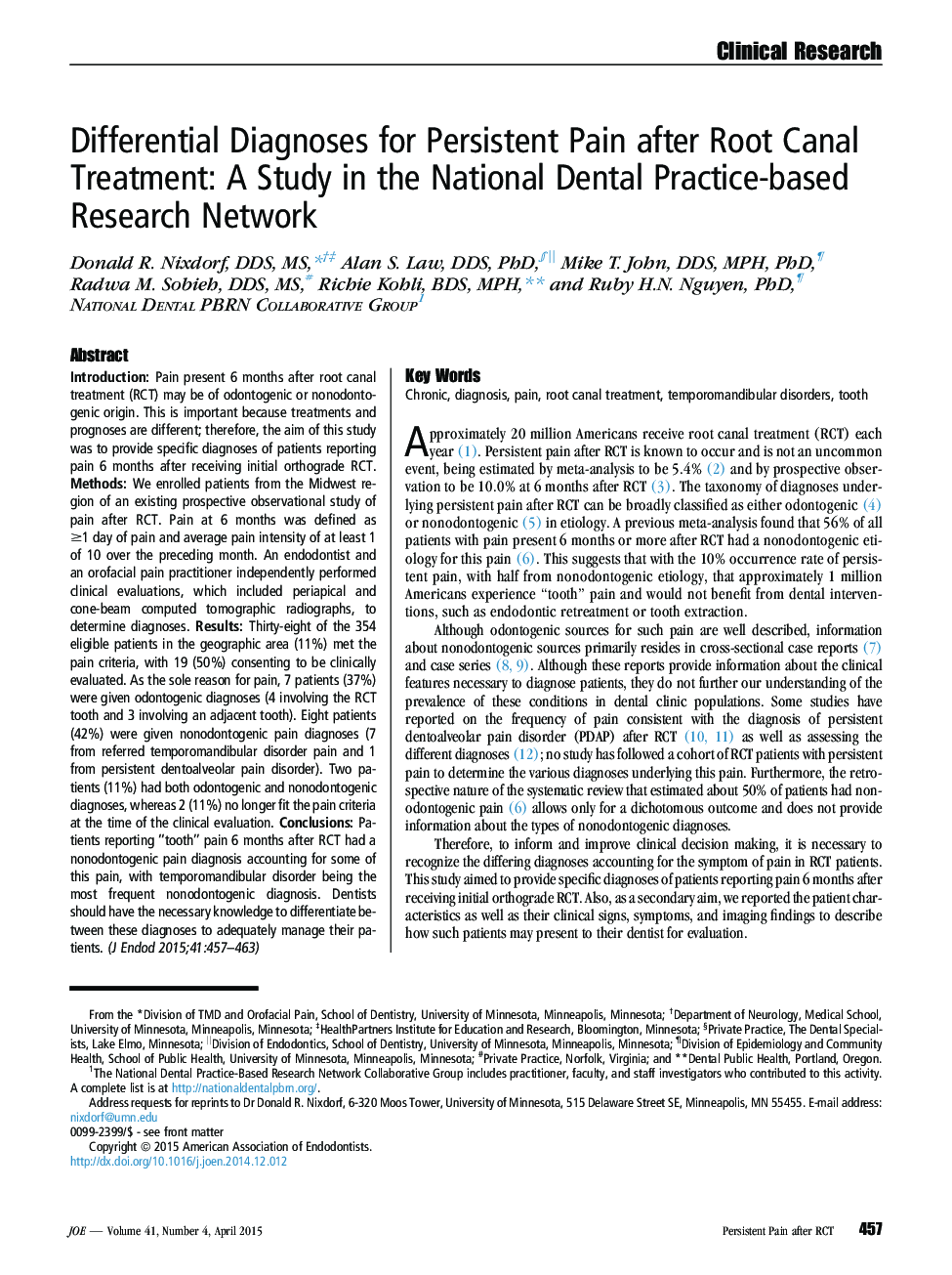 تشخیص دیفرانسیل برای درد ماندگار پس از درمان کانال ریشه: مطالعه در شبکه ملی تحقیقات دندانپزشکی 