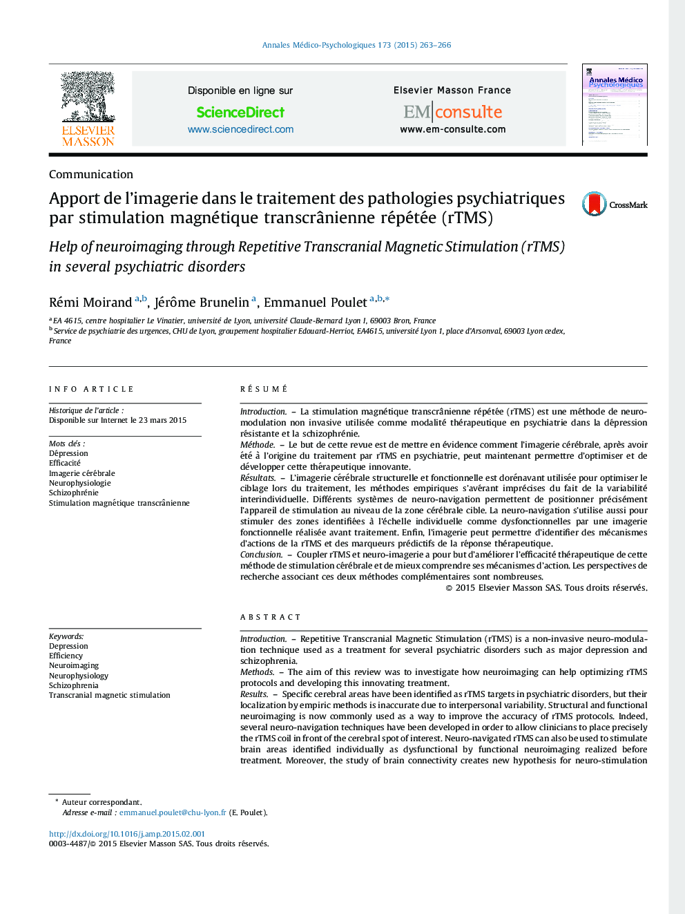 Apport de l’imagerie dans le traitement des pathologies psychiatriques par stimulation magnétique transcrânienne répétée (rTMS)