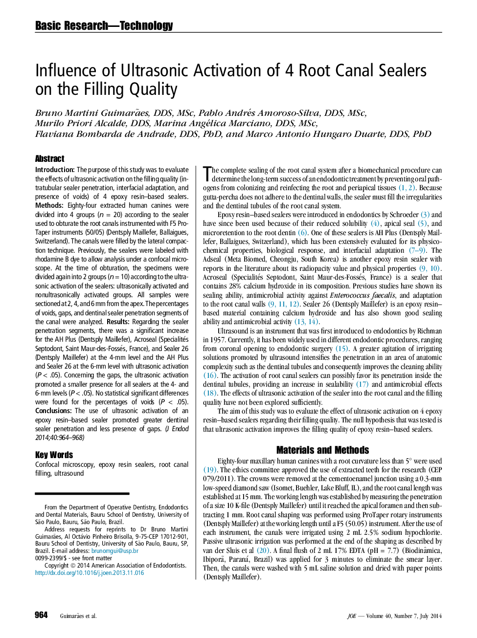 Influence of Ultrasonic Activation of 4 Root Canal Sealers on the Filling Quality