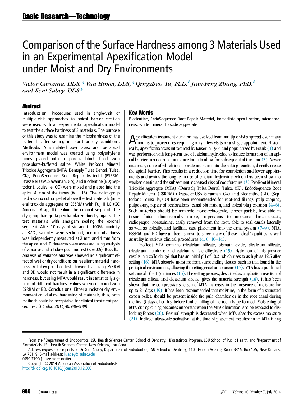 Comparison of the Surface Hardness among 3 Materials Used in an Experimental Apexification Model under Moist and Dry Environments