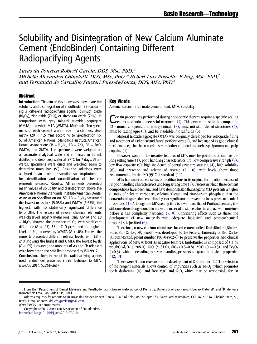 Solubility and Disintegration of New Calcium Aluminate Cement (EndoBinder) Containing Different Radiopacifying Agents