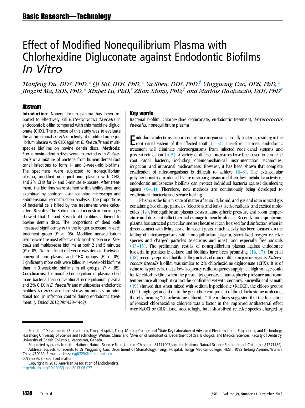 Effect of Modified Nonequilibrium Plasma with Chlorhexidine Digluconate against Endodontic Biofilms InÂ Vitro