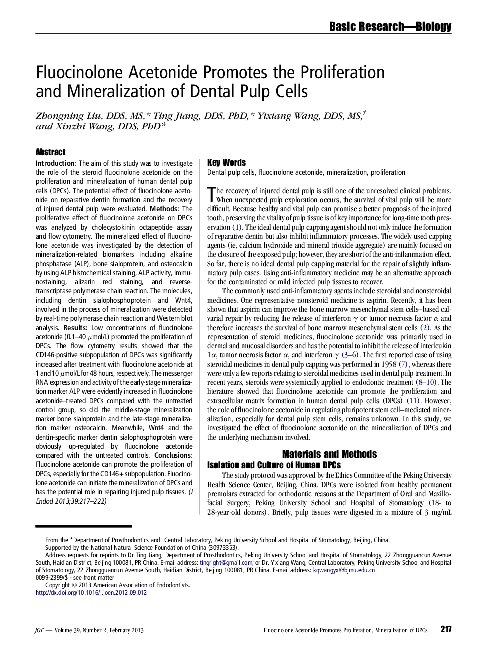 Fluocinolone Acetonide Promotes the Proliferation and Mineralization of Dental Pulp Cells