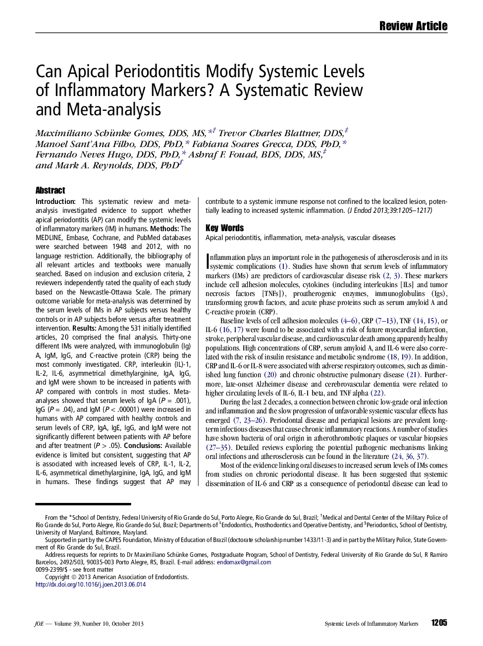 Can Apical Periodontitis Modify Systemic Levels of Inflammatory Markers? A Systematic Review and Meta-analysis 