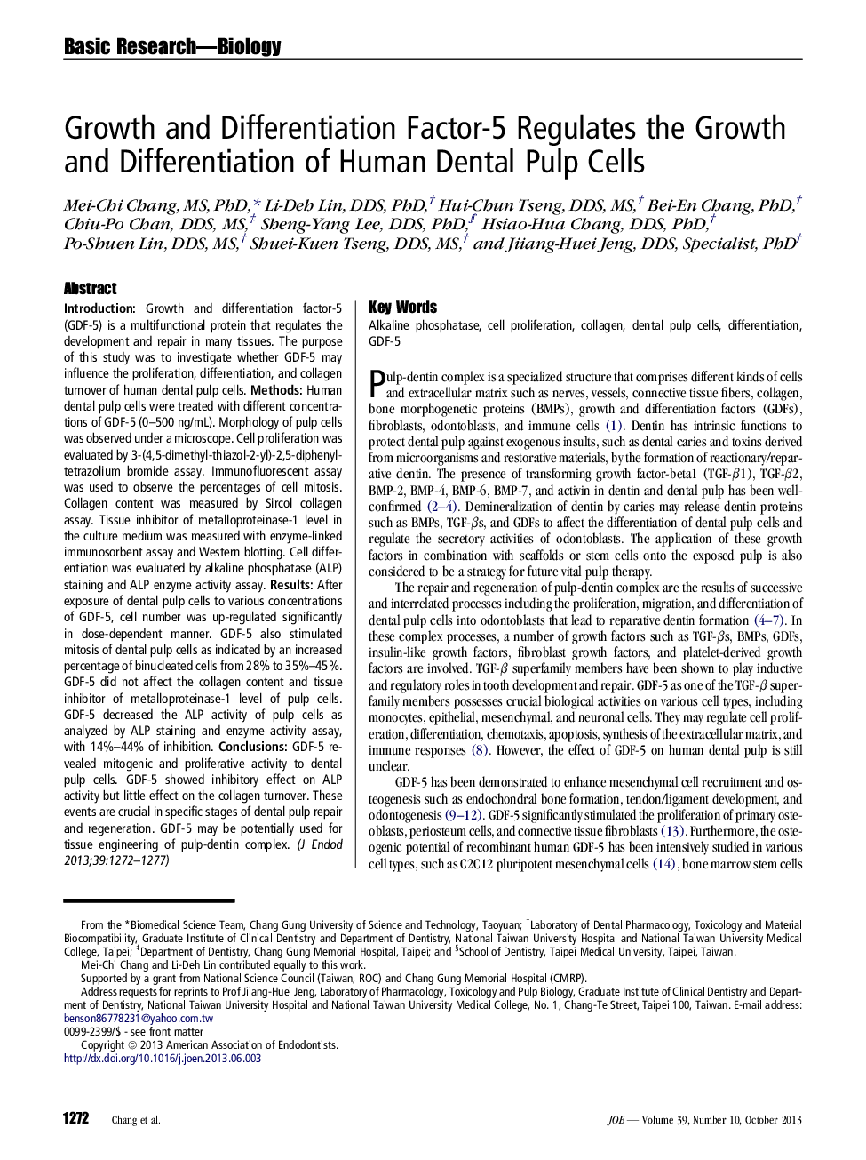 Growth and Differentiation Factor-5 Regulates the Growth and Differentiation of Human Dental Pulp Cells