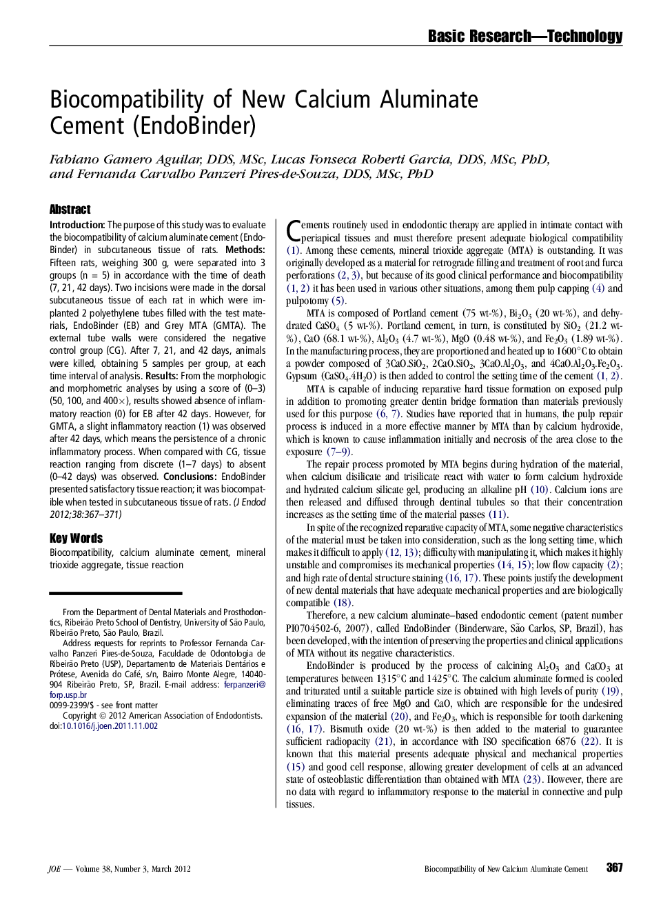 Biocompatibility of New Calcium Aluminate CementÂ (EndoBinder)