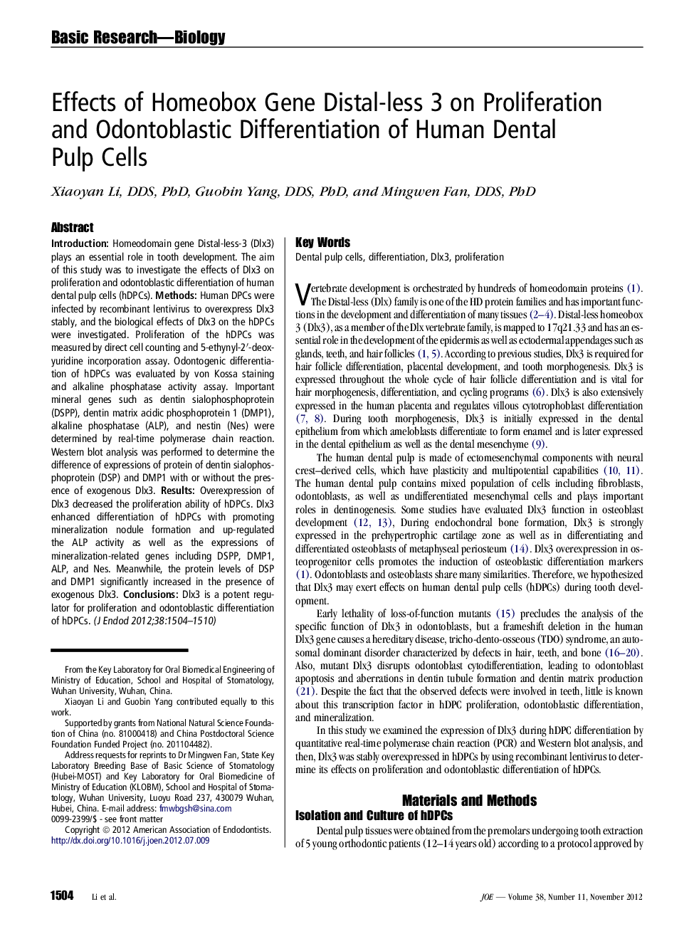 Effects of Homeobox Gene Distal-less 3 on Proliferation and Odontoblastic Differentiation of Human Dental Pulp Cells