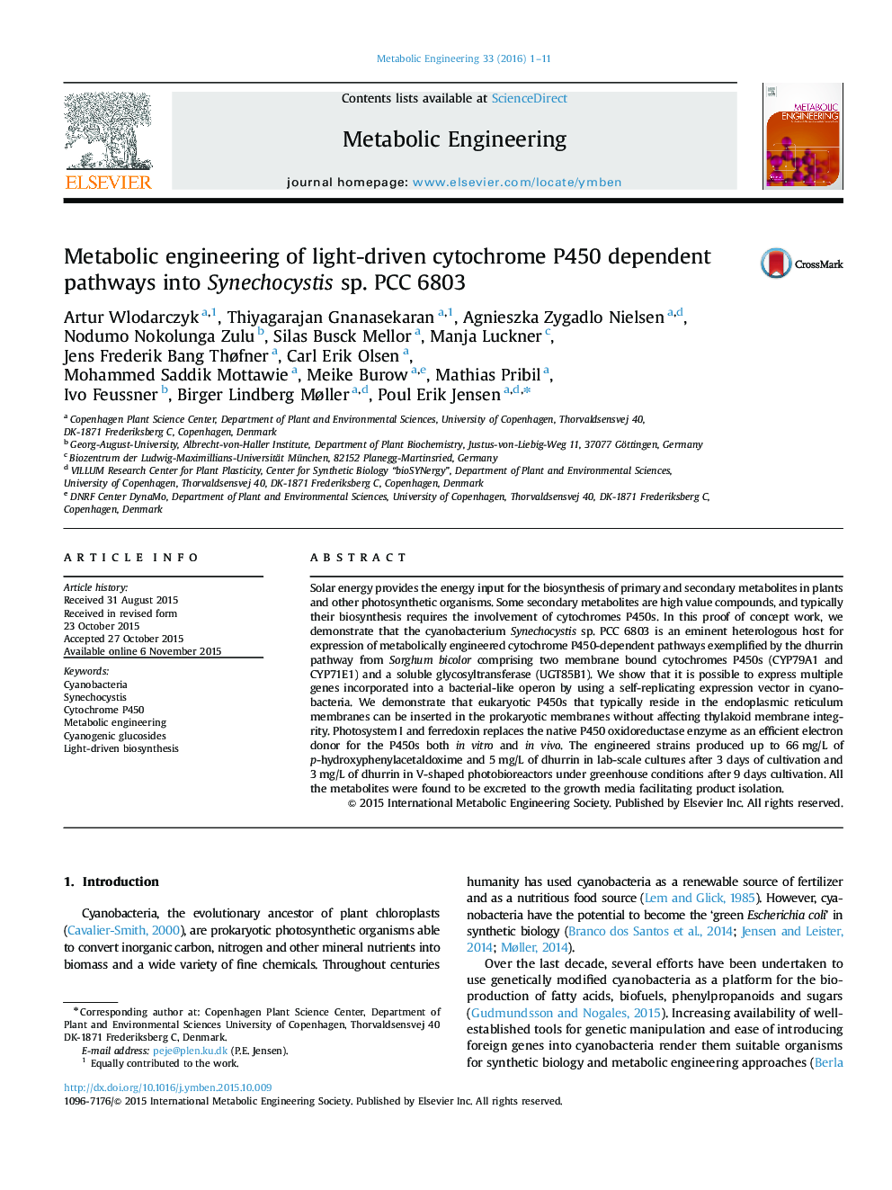 Metabolic engineering of light-driven cytochrome P450 dependent pathways into Synechocystis sp. PCC 6803