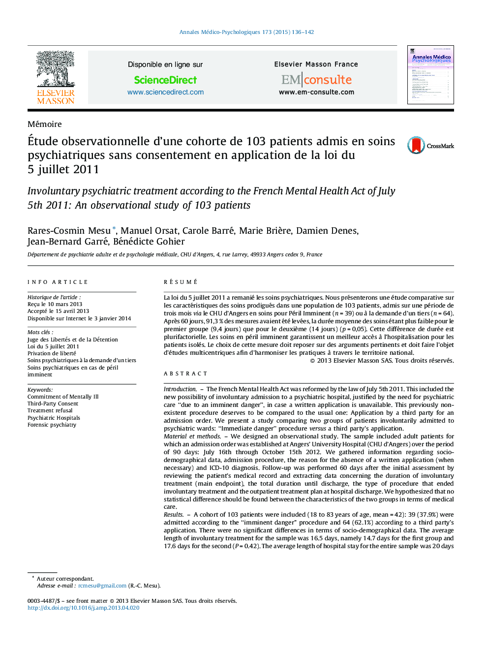 Étude observationnelle d’une cohorte de 103 patients admis en soins psychiatriques sans consentement en application de la loi du 5 juillet 2011