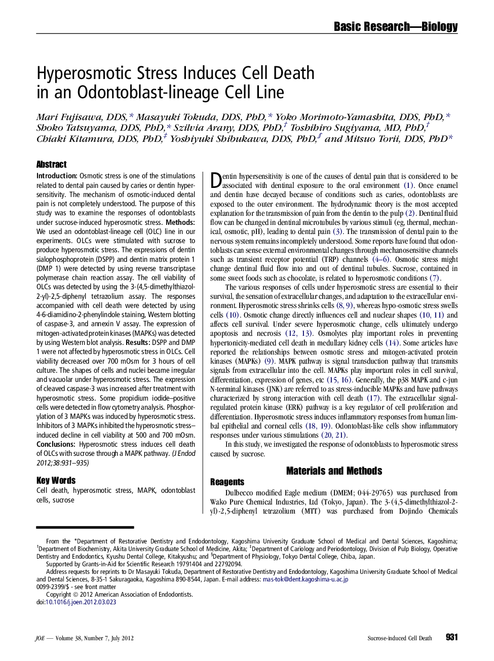 Hyperosmotic Stress Induces Cell Death in an Odontoblast-lineage Cell Line 