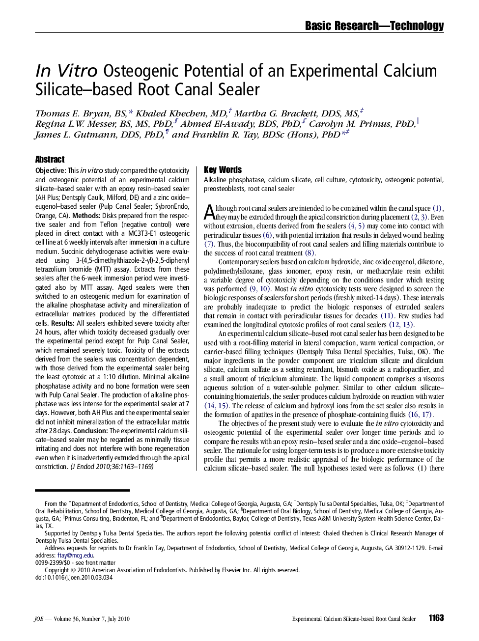 In Vitro Osteogenic Potential of an Experimental Calcium Silicate-based Root Canal Sealer