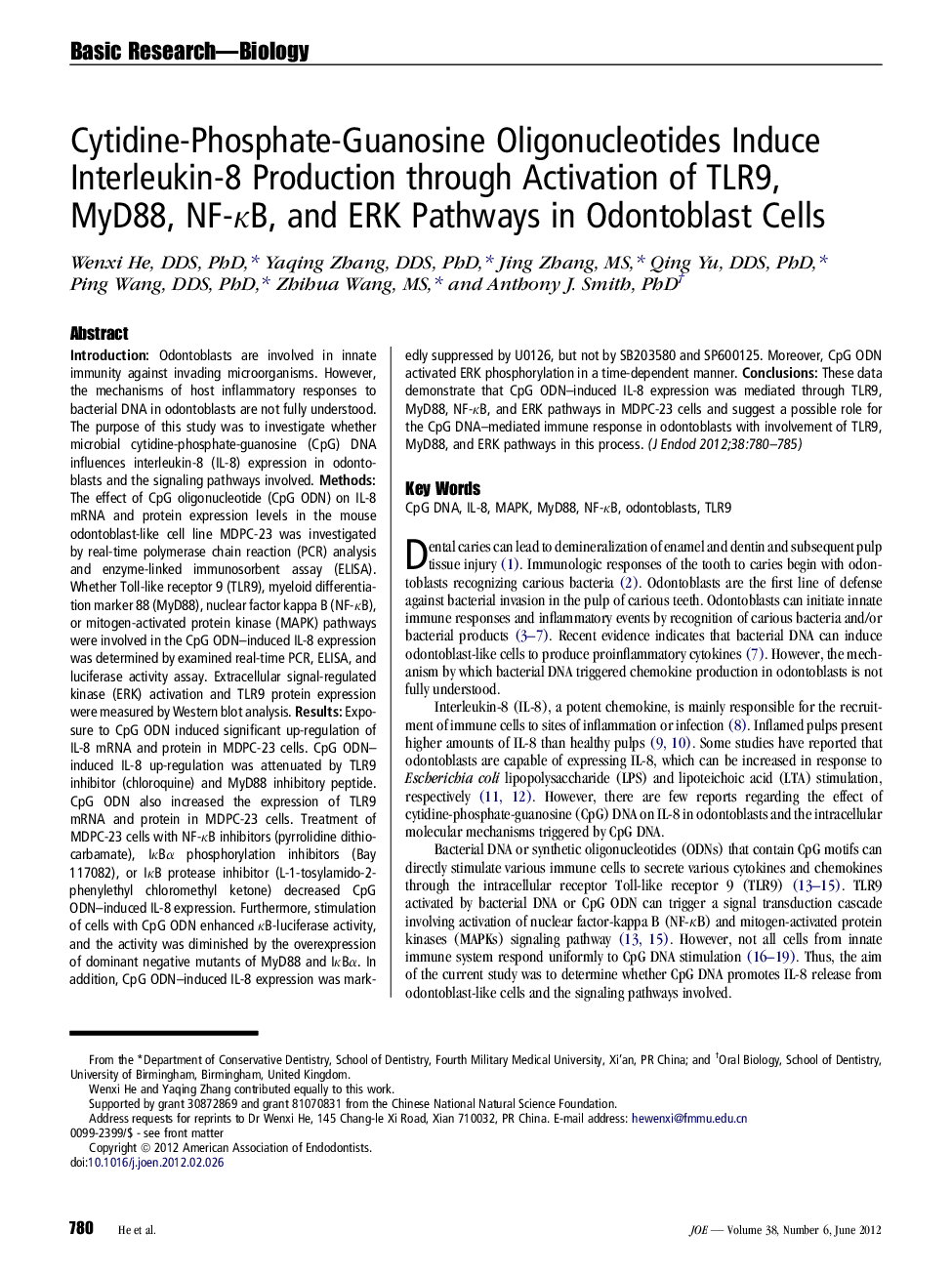 Cytidine-Phosphate-Guanosine Oligonucleotides Induce Interleukin-8 Production through Activation of TLR9, MyD88, NF-ÎºB, and ERK Pathways in Odontoblast Cells