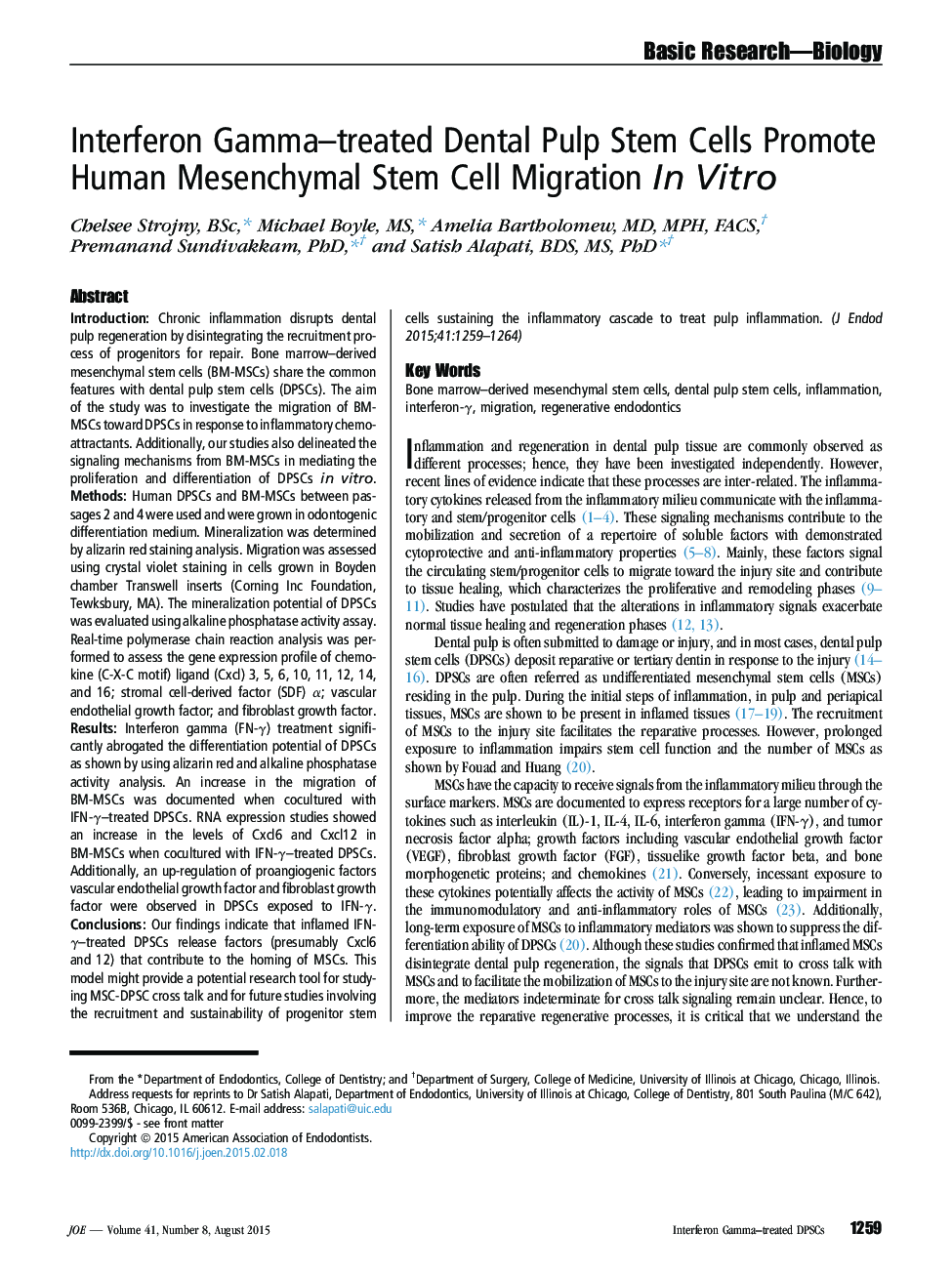 Interferon Gamma–treated Dental Pulp Stem Cells Promote Human Mesenchymal Stem Cell Migration In Vitro