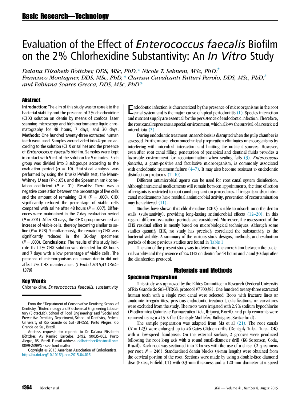 Evaluation of the Effect of Enterococcus faecalis Biofilm on the 2% Chlorhexidine Substantivity: An In Vitro Study