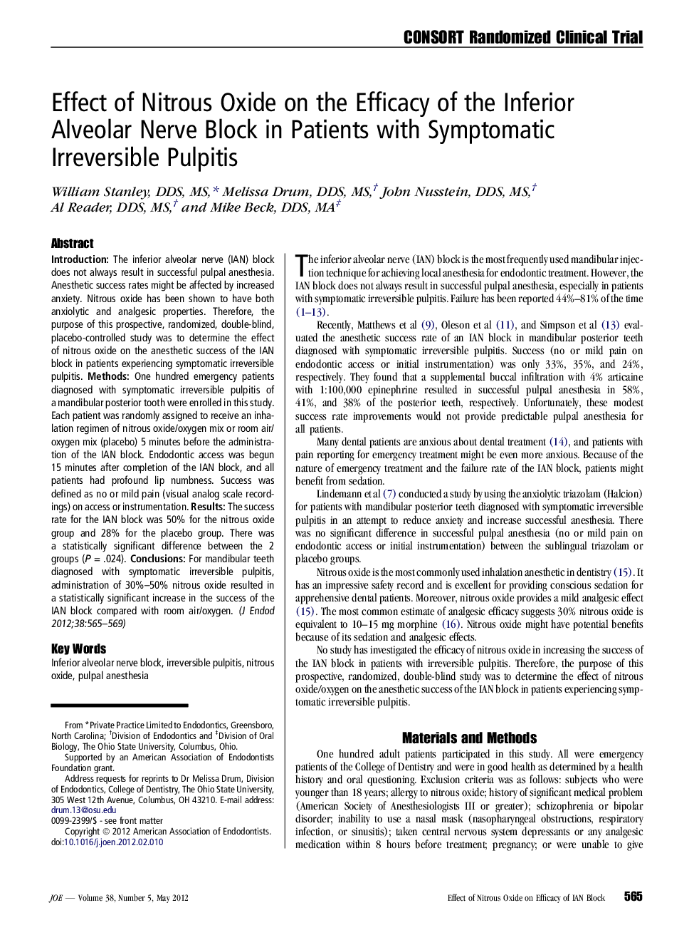 Effect of Nitrous Oxide on the Efficacy of the Inferior Alveolar Nerve Block in Patients with Symptomatic Irreversible Pulpitis 