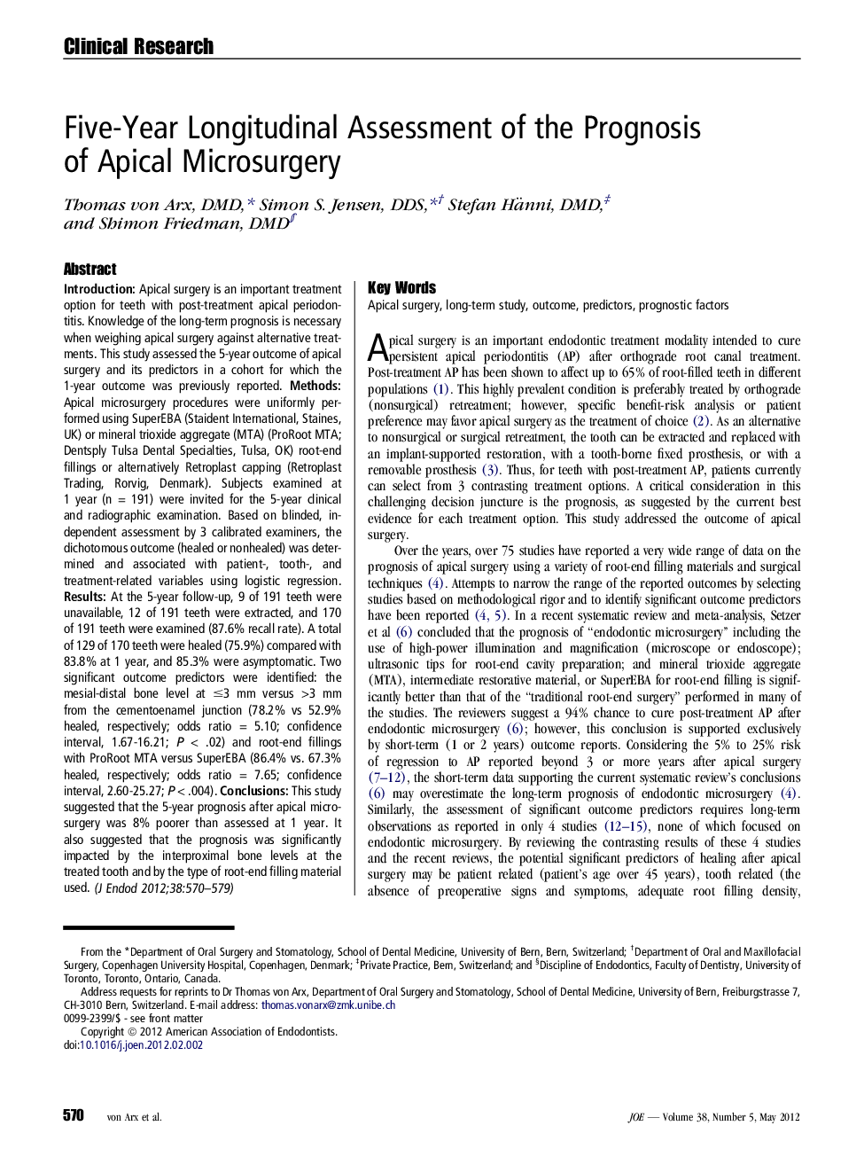 Five-Year Longitudinal Assessment of the Prognosis of Apical Microsurgery