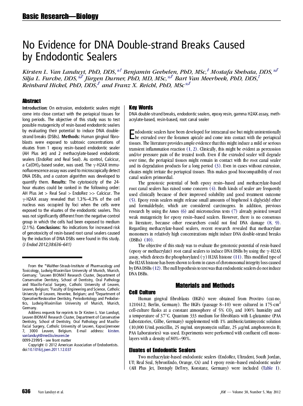 No Evidence for DNA Double-strand Breaks Caused by Endodontic Sealers