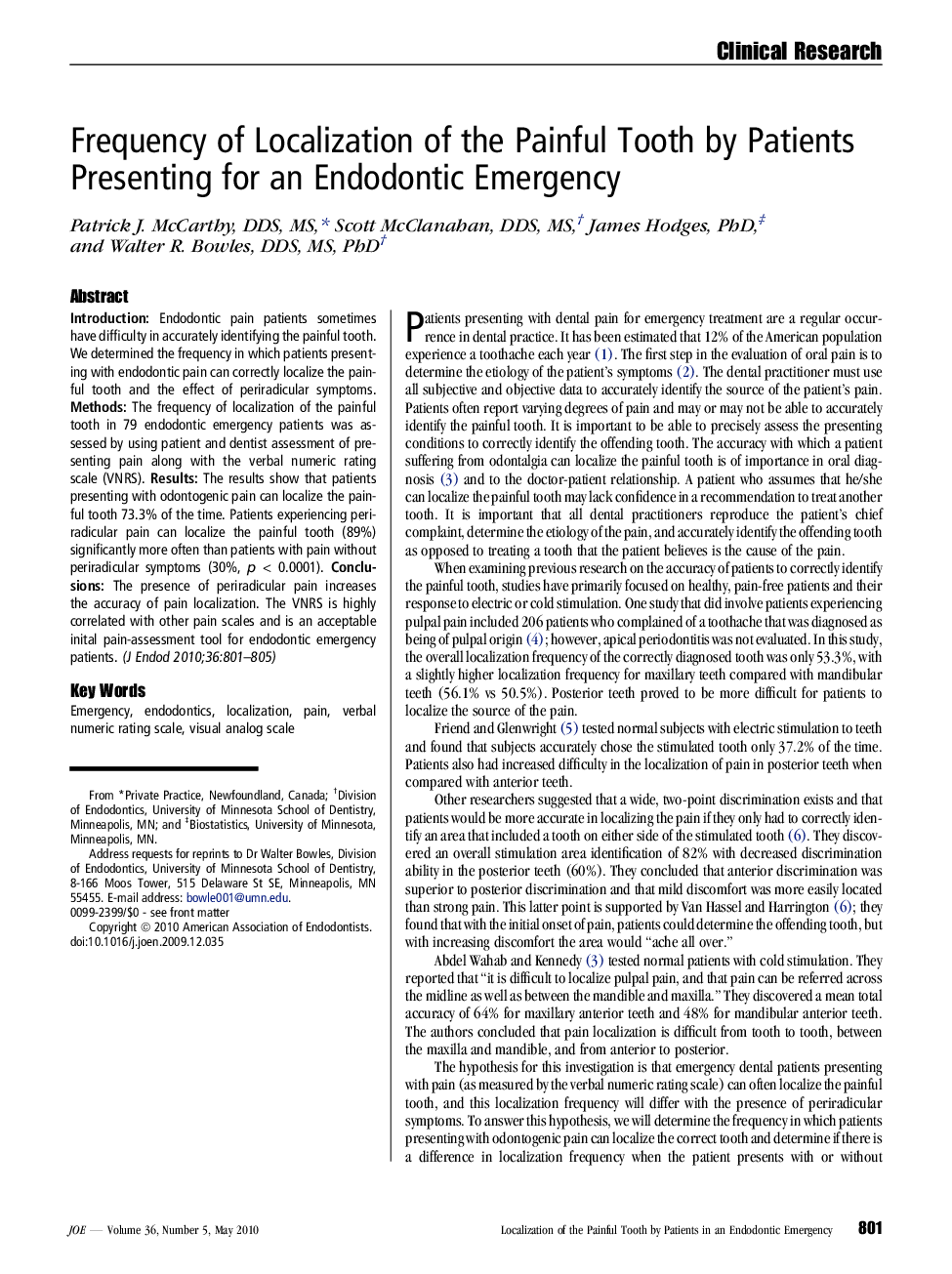 Frequency of Localization of the Painful Tooth by Patients Presenting for an Endodontic Emergency