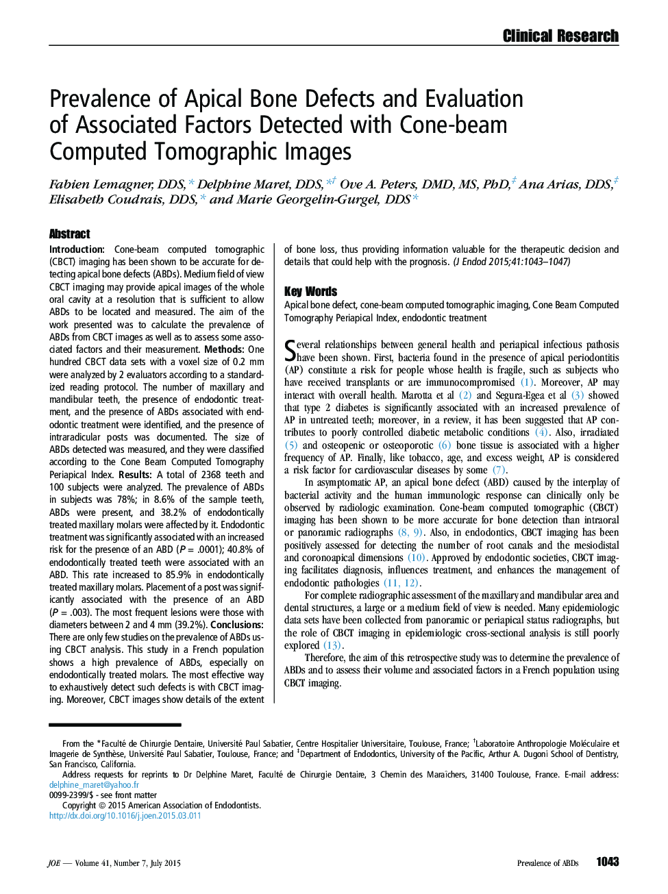 Prevalence of Apical Bone Defects and Evaluation ofÂ Associated Factors Detected with Cone-beam ComputedÂ Tomographic Images