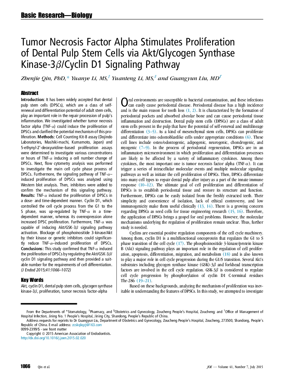 Tumor Necrosis Factor Alpha Stimulates Proliferation of Dental Pulp Stem Cells via Akt/Glycogen Synthase Kinase-3β/Cyclin D1 Signaling Pathway