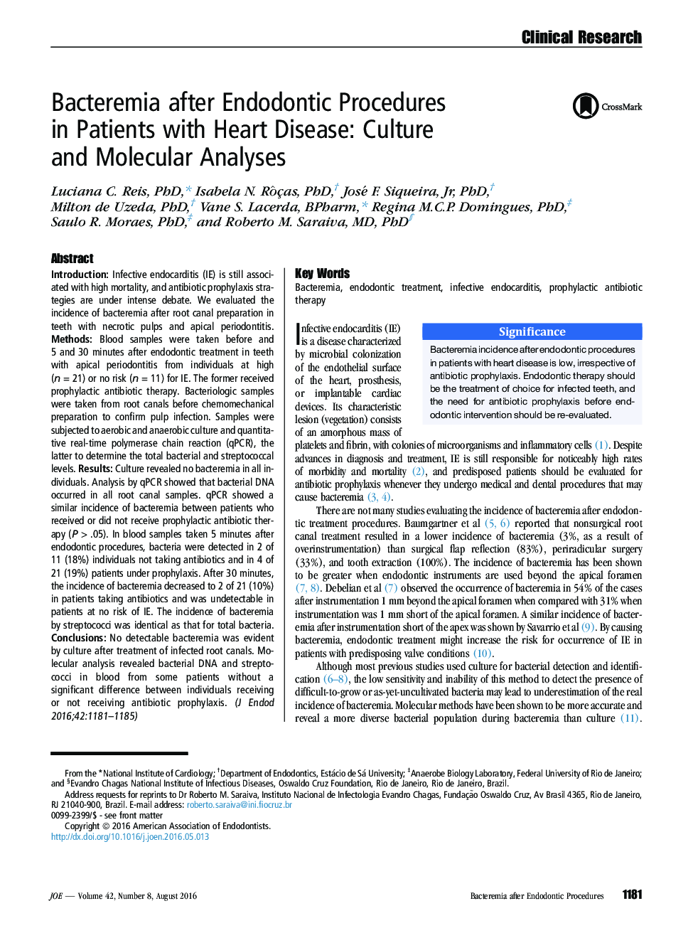 Bacteremia after Endodontic Procedures in Patients with Heart Disease: Culture and Molecular Analyses