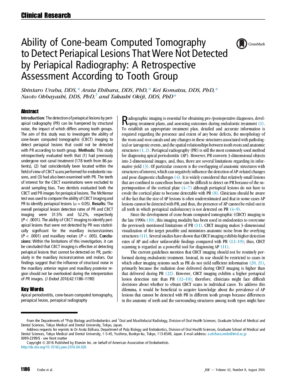 توانایی توموگرافی کامپیوتری پرتوهای مخروطی تا آشکارسازی ضایعات پرایپیکال که توسط رادیوگرافی پری اپیکال تشخیص داده شد: ارزیابی مجدد بر اساس گروه دندان 