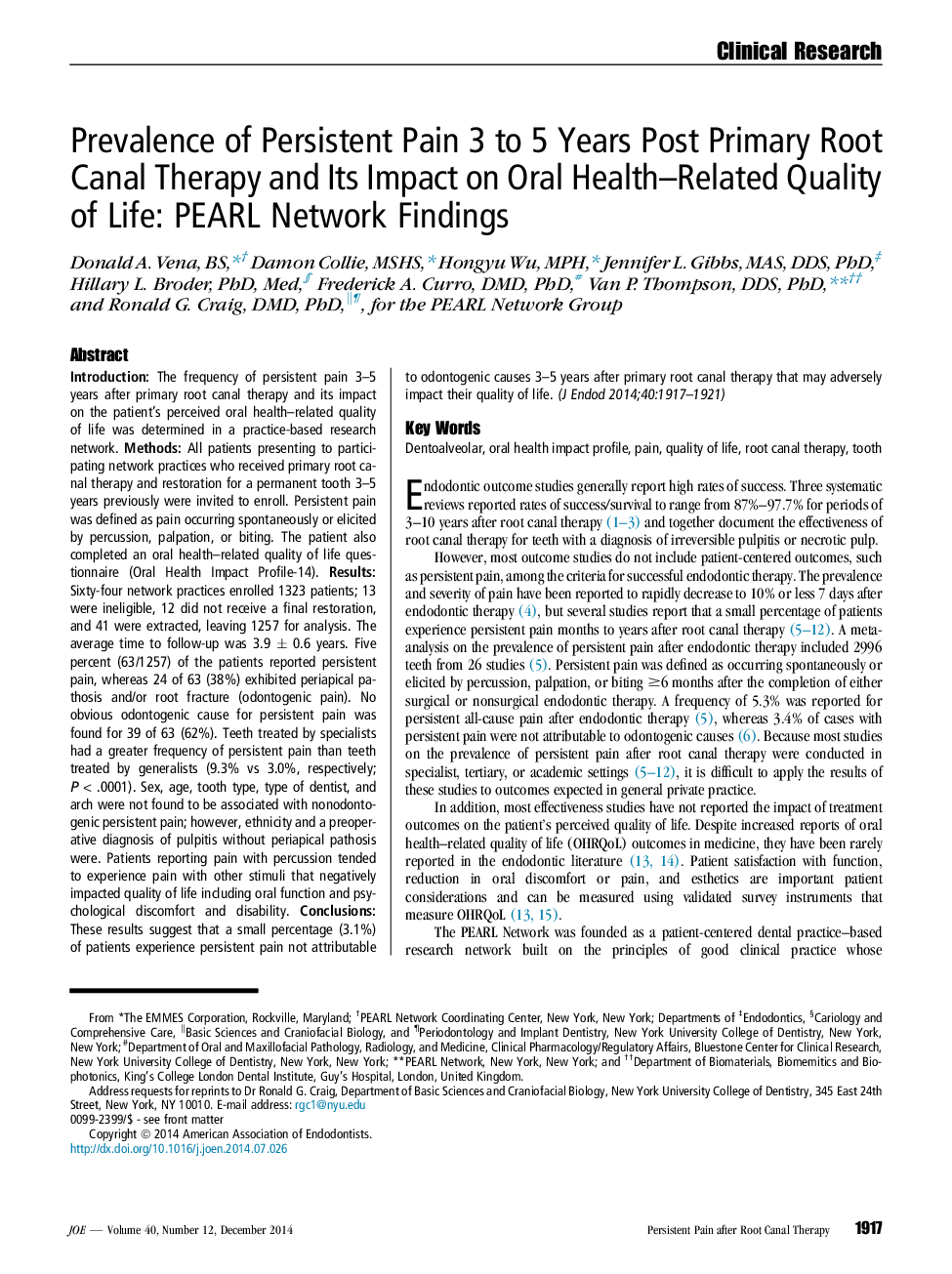 Prevalence of Persistent Pain 3 to 5 Years Post Primary Root Canal Therapy and Its Impact on Oral Health–Related Quality of Life: PEARL Network Findings