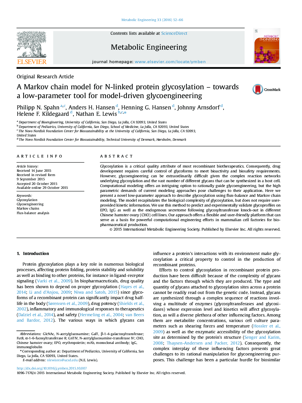 A Markov chain model for N-linked protein glycosylation – towards a low-parameter tool for model-driven glycoengineering