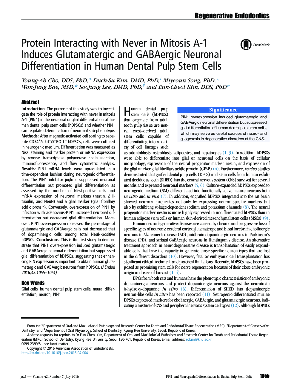 Protein Interacting with Never in Mitosis A-1 Induces Glutamatergic and GABAergic Neuronal Differentiation in Human Dental Pulp Stem Cells