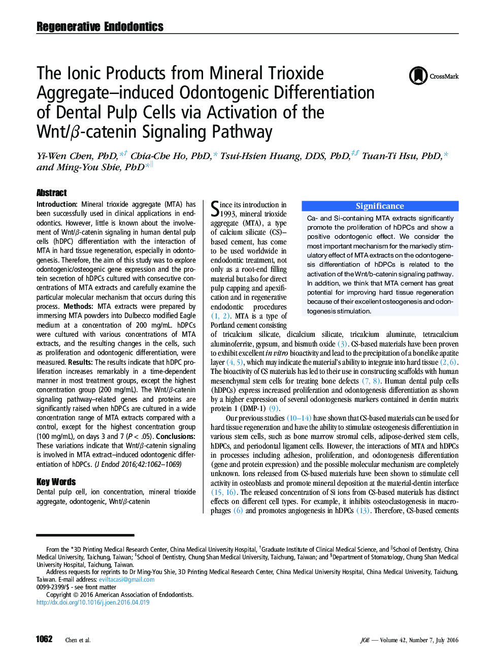 The Ionic Products from Mineral Trioxide Aggregate–induced Odontogenic Differentiation of Dental Pulp Cells via Activation of the Wnt/β-catenin Signaling Pathway