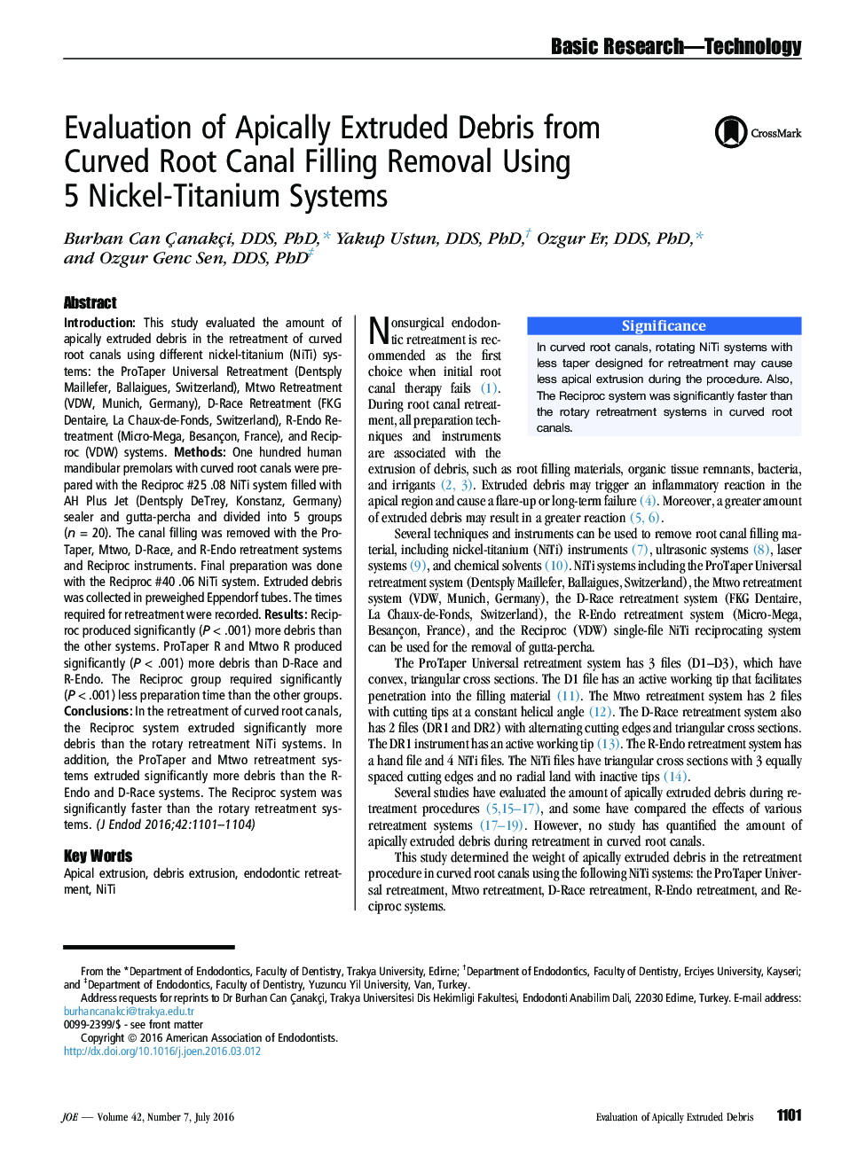 بررسی ضایعات اکسترود شده آپیکال از حذف پرکردن کانال ریشه منحنی با استفاده از 5 سیستم نیکل ـ تیتانیوم