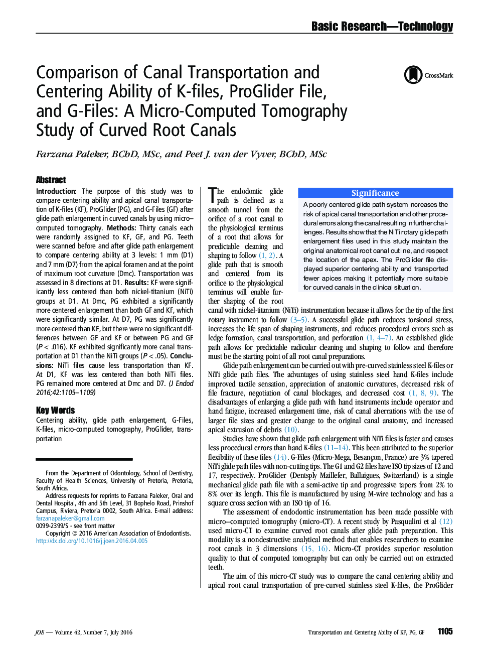 Comparison of Canal Transportation and Centering Ability of K-files, ProGlider File, and G-Files: A Micro-Computed Tomography Study of Curved Root Canals