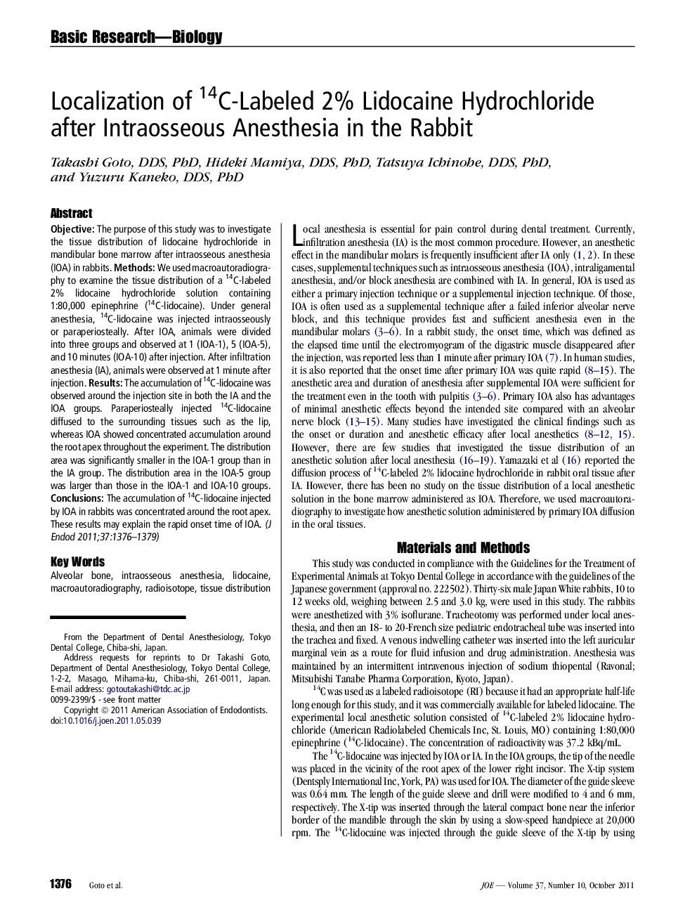 Localization of 14C-Labeled 2% Lidocaine Hydrochloride after Intraosseous Anesthesia in the Rabbit