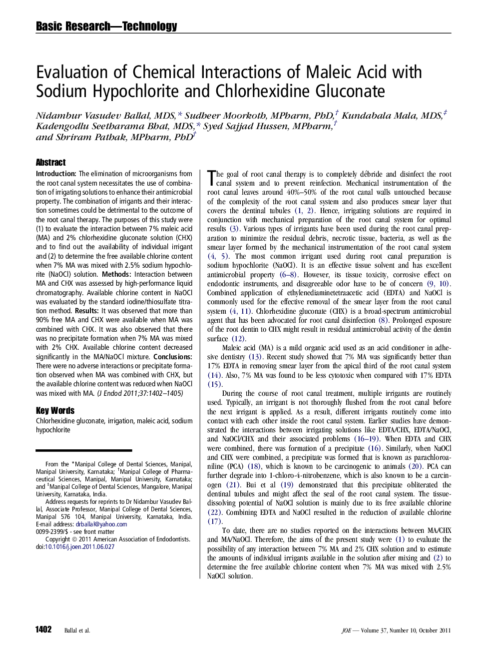 Evaluation of Chemical Interactions of Maleic Acid with Sodium Hypochlorite and Chlorhexidine Gluconate