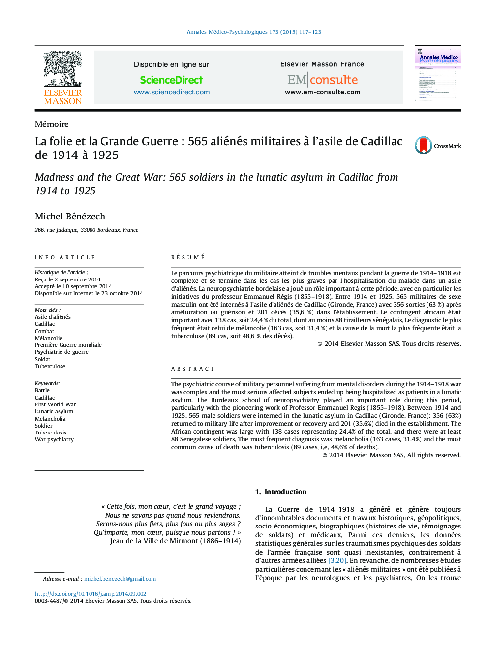 La folie et la Grande Guerre : 565 aliénés militaires à l’asile de Cadillac de 1914 à 1925