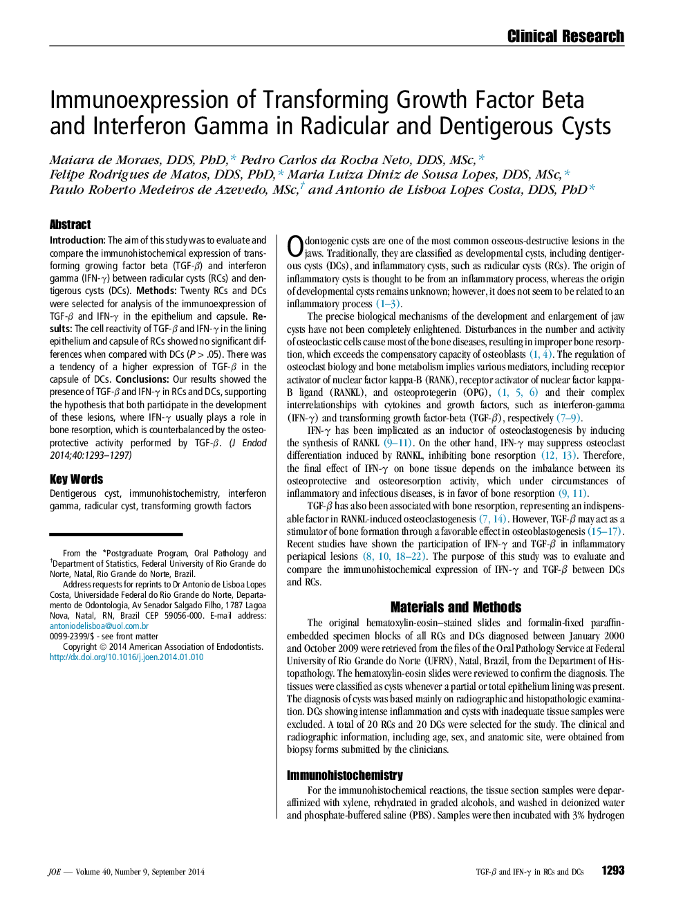 Immunoexpression of Transforming Growth Factor Beta and Interferon Gamma in Radicular and Dentigerous Cysts