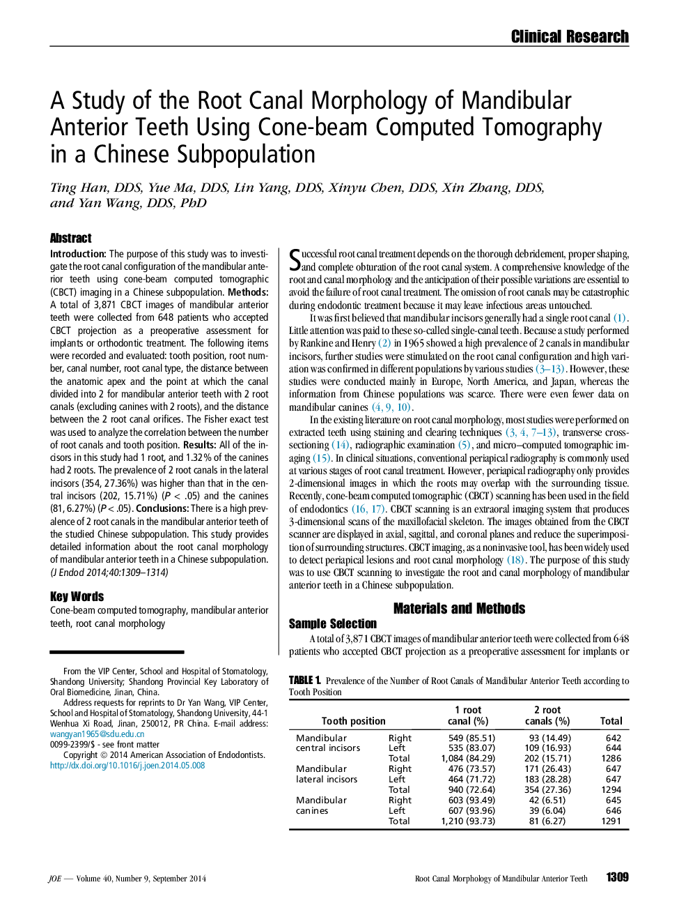 بررسی مرفولوژی کانال ریشه دندان های قدامی مندبول با استفاده از توموگرافی کامپیوتری پرتو کروی در زیرگروه چینی 